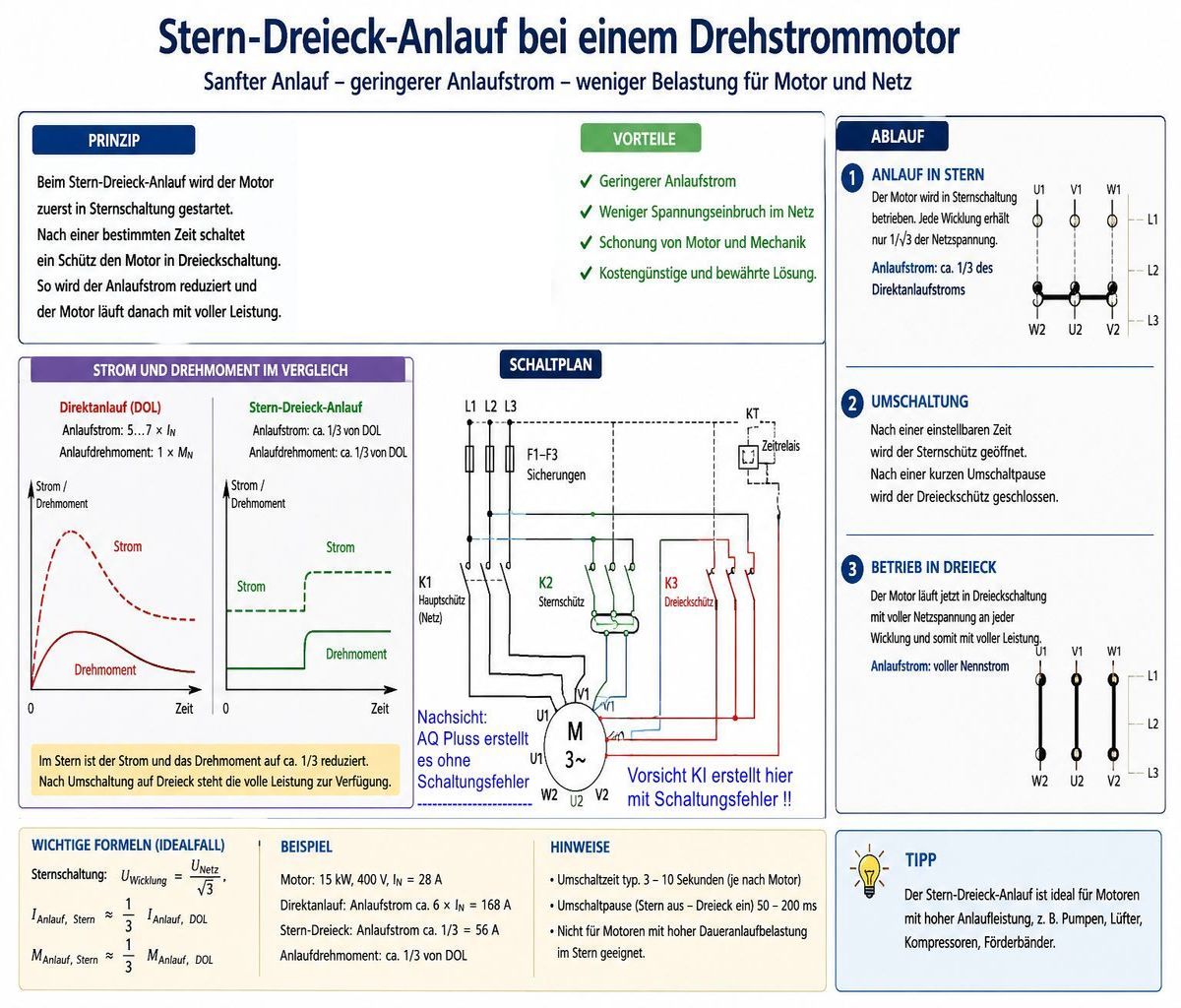 Elektromotoren Glossar Blog, hier der Zusammenhang über den Stern - Dreieck - Anlauf, im Beispiel hier über einen 15 KW Drehstrommotor ( 3 Phasenwechselstommotor) mit Kurzschlußläufer, hoher Anlaufstrom, um diesen zu reduzieren. Für Schweranläufe ist die Schaltung nicht geeignet, bei hoher Auslastung beim Anzug würde es der D Mot micht schaffen. Im Bild dazu: Texterklärung, Anlaufkurve Direkt - und Y/Dreieck-Anlauf, die Schaltng mit Schützen und ein Rechenbeispiel 15 KW E Motor. Die Quelle ist für das Bild CHATGBT, doch Vorsicht die Schaltung enthält Fehler !!