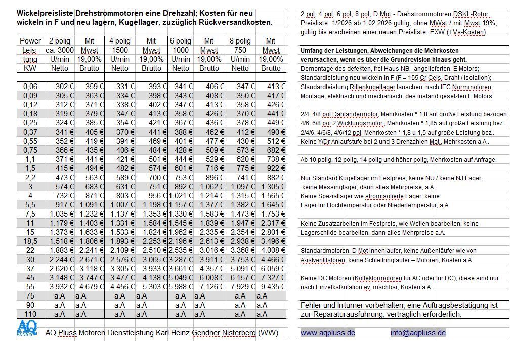 Im Bild , Die neue Preisliste ""Wicklungen"" 2026 ist als Tabelle abgebildet.