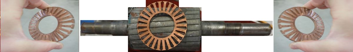 Hochfrequenz-Elektromotoren HF bis 400 Hz AQ Pluss Motoren Rotor mit CU Kurzschlussring aus der Versuchsreihe HF Motoren. Links im Bild Kurzschlußring Kupfer mit Steckprofil, mittig Rotor ohne Kägig - noch, rechtes Bild Kurzschlußring Kupfer für Steckprofile aus Kupfer.
