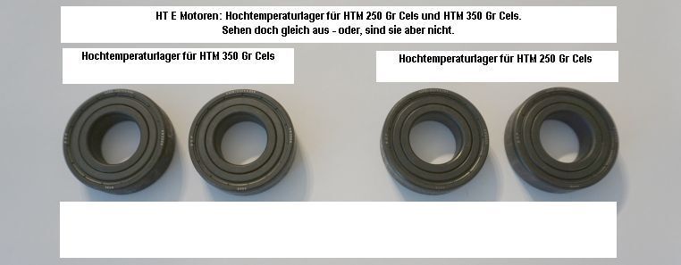 Probleme mit HT-Kugellagern, im Elektromotor A + B Lager bei Heißdampf und 3000 U/min, Verhalten bei extremer Temperatur, nach mehrfachem Lagertod - jetzt die stabile Lagerlösungen finden / gefunden. Im Bild jeweils 1 Lagerpaar für A Antriebsseite und B Nicht-Antriebsseite, so sollen sie sein, so geht es.
