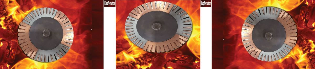 Kupfer-Kurzschlussring im Elektromotor, er bringt einen Vorteil und das bei Reparatur und neumotoren, hier im Bild der Musterring - Kurzschlußring gefräßt bei neuen Rotoren, bei Reparaturen ähnlich mit verbundenem Ring - A + B seitig.
