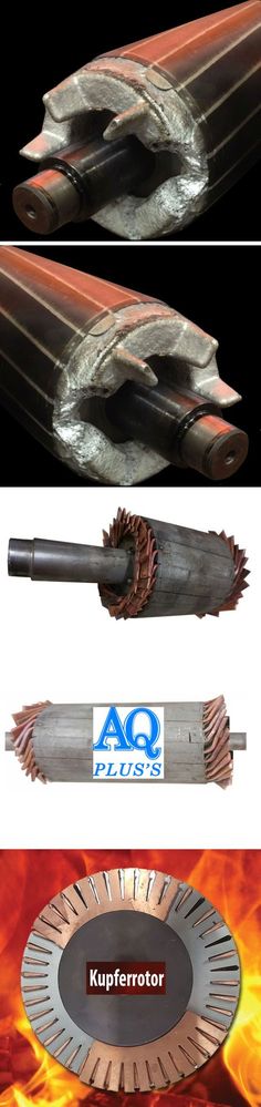 Kurzschlussläufer - Rotor reparieren; Warum Kupfer die bessere Wahl ist als Aluminium, im Bild defeter DSKL Rotor, Reparatur Kupferstäbe, Neumotor mit Kupferfrästeile