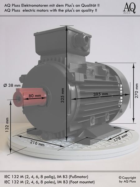 Elektromotor in der Größe 132 kann mehr, ein E MotorenBild (Motor fast schwarz) mit Maßen in Größe 132, auf Füßen und einer runden Trägerplatte, ist zu sehen.