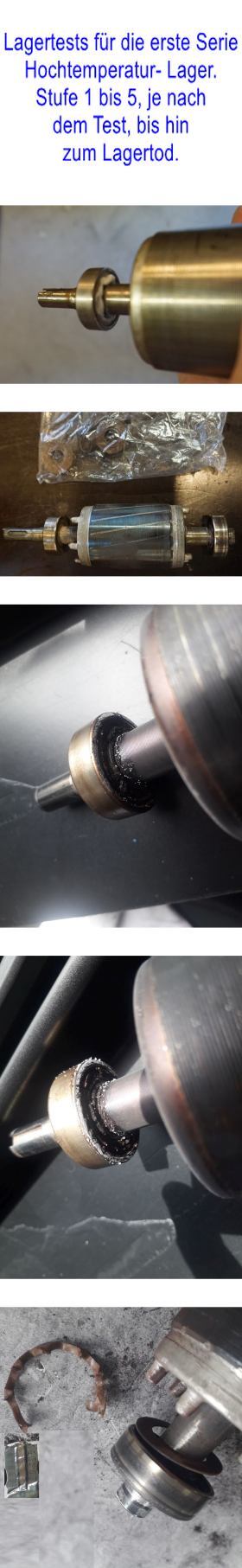 Probleme mit HT Kugellagern im Elektromotor, A und B Lager bei Heißdampf und 3000 U-min,  Stufe 1 bis 5 führt bis zum Lagertod, - danach - stabile Lagerlösung. Im Bild: Stufe 1. Fett tritt aus, 2. fängt an zu kriseln, 3. Fett verbrennt, 4. Fett verbrennt stark, 5 Lager zerlegt sich ... Motorschaden.
