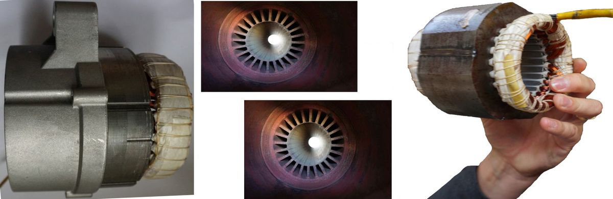 Statorbleche fertigen, Alternativen und Sonderwicklungen, von AQ Pluss Motoren spezielle Blechschnitte f&uuml;r Elektromotoren. Im Bild links 5 E Motoren waren erforderlich - Bleche + Geh&auml;use + Wicklungen ... passt !! Das Bild in der Mitte ein Stator mit geschlossenen Nuten ein Versuchsmodell, Bild rechts - der kleine Stator in der Hand - Bleche und Wicklung eine Kleinserie im Kundenauftrag. Alle Bilder sind real, es sind keine KI Kreationen. AQ Pluss Motoren macht diese und andere mit Blechen, Bearbeitung, bewickeln und montieren.