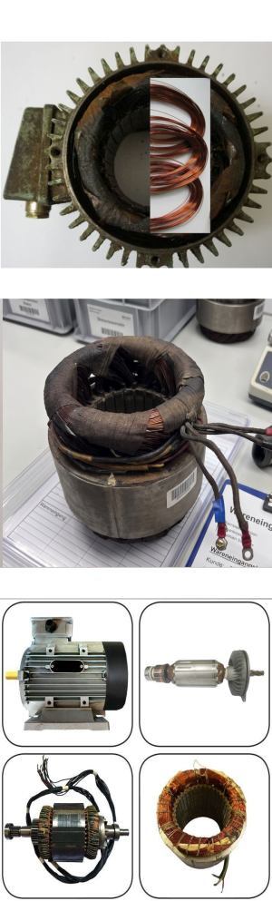 Zweiphasenlauf beim Elektromotor – Ursachen und den Motortod vermeiden Motorschutz die Reparaturmöglichkeiten, m Bild von oben: Stator neu wickeln, Blechpaket neu wickeln, 4 Quadrate mit E Motor, Anker, Blechpaket/Rotor und Statorpaket als Reparatursynonyme.